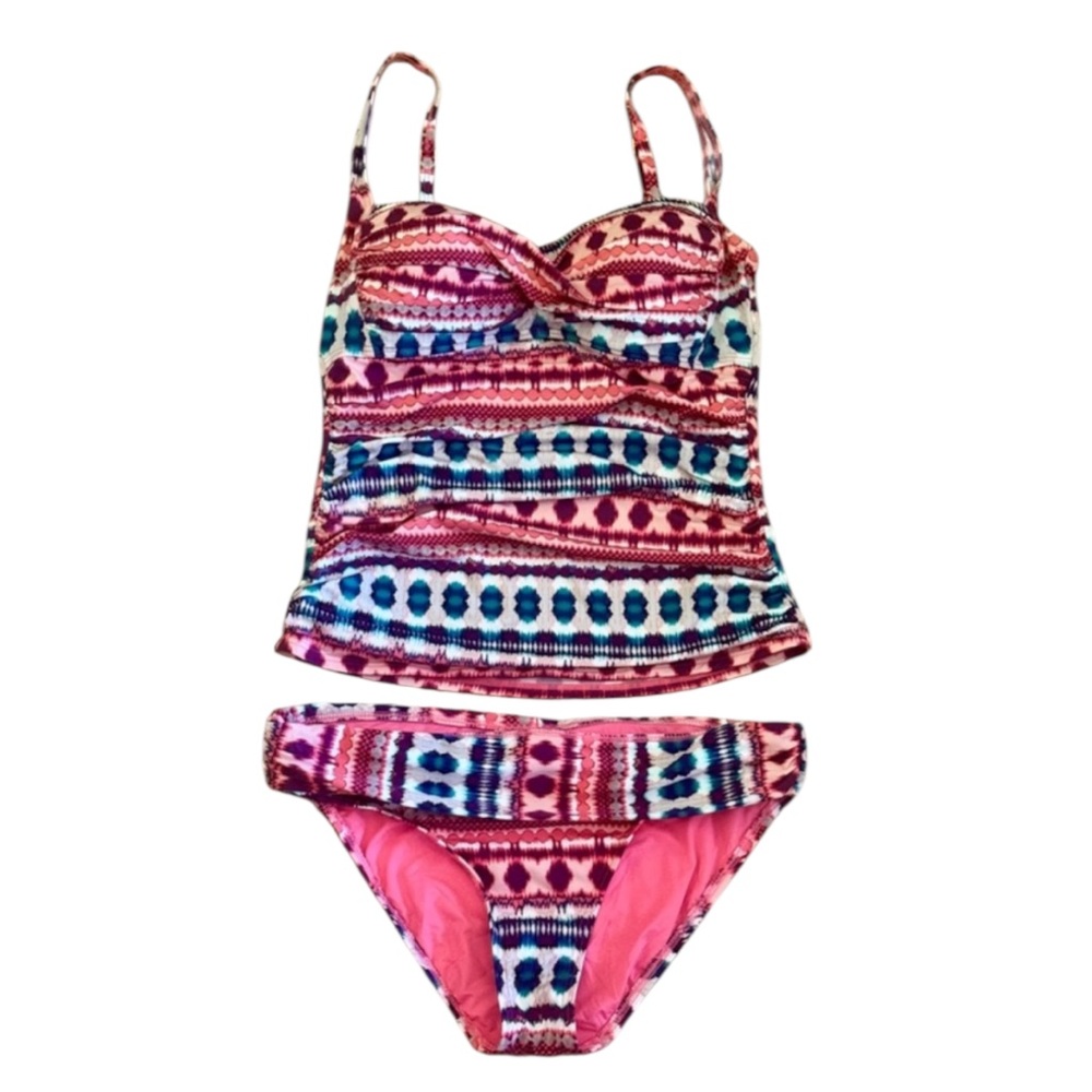 La Blanca Geometric Tribal Tankini Swimsuit Set 10 Coral Pink Blue Two Piece - Picture 14 of 14